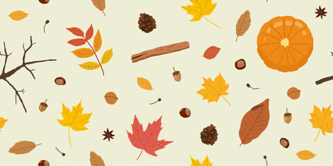 Autumn theme cozy seamless pattern. Fashion textile design with autumn theme hand-drawn leaves, pumpkin, chestnuts and other objects.