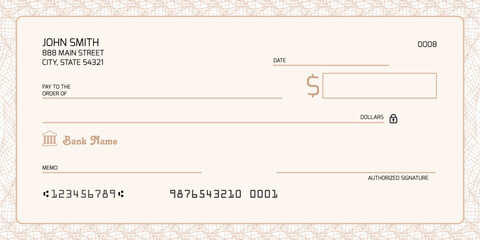 Blank bank check. Generic American cheque template vector design.