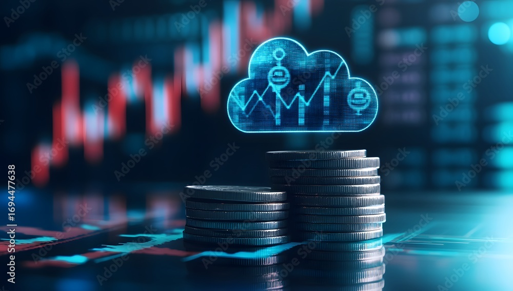 Poster a stack of coins with a holographic cloud symbol and stock chart on top,