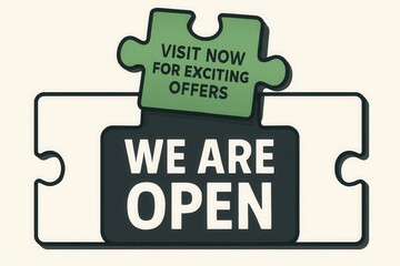 Open sign with WE ARE OPEN and VISIT NOW FOR EXCITING OFFERS banner, playful style, engaging retail promotion announcement.
