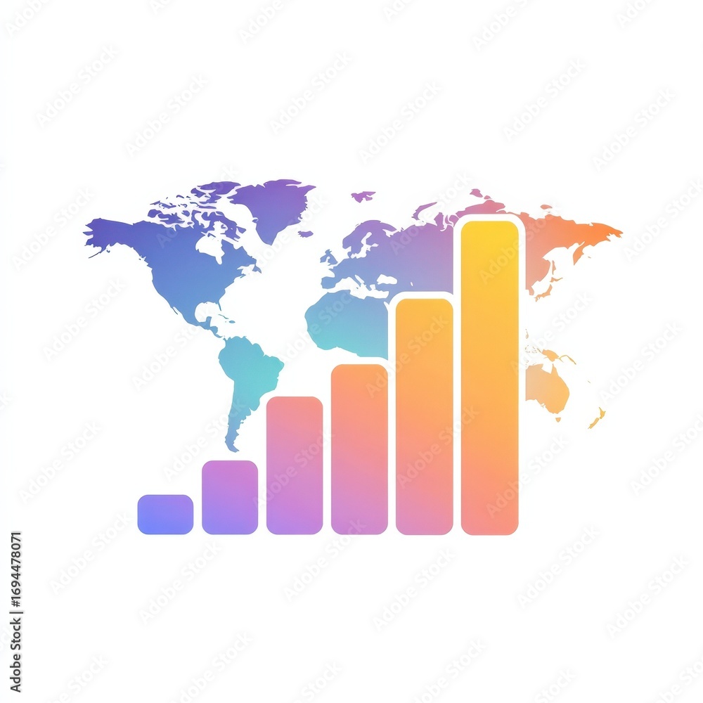 Poster Global Growth Chart Colorful Bar Graph Ascending Over World Map Background for Business Success Presentation