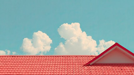 A red roof with a white trim against a clear blue sky.