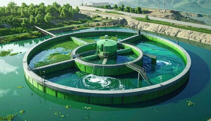 A circular water treatment facility with segmented pools showcases sustainable water management practices.