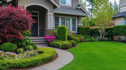 Fototapeta premium A beautifully landscaped front yard with a wellmaintained lawn, shrubs, and decorative plants.
