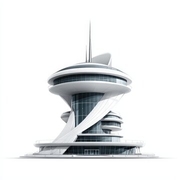 Futuristic White Tower Building Architectural Design Modern 3D Render Isolated on White Background