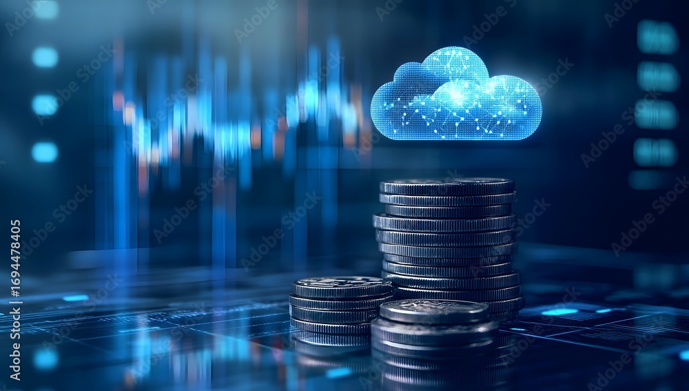 Poster a stack of coins with a holographic cloud symbol and stock chart on top,