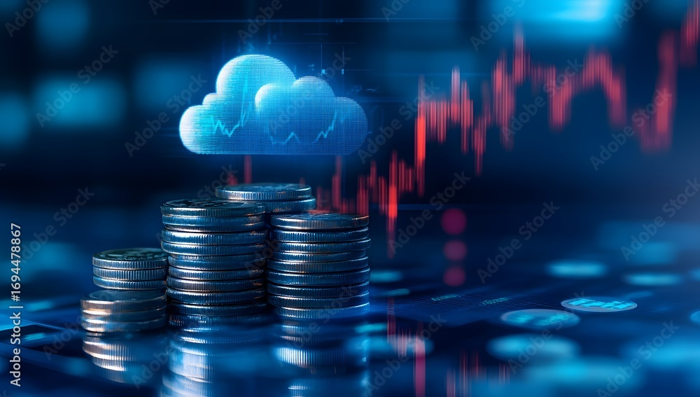 Poster a stack of coins with a holographic cloud symbol and stock chart on top,