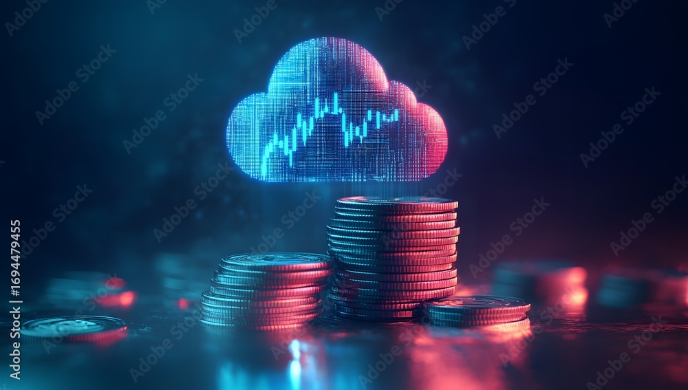Poster a stack of coins with a holographic cloud symbol and stock chart on top,
