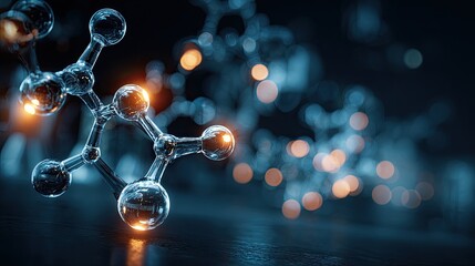 Glass molecular model with glowing spheres on a dark background.