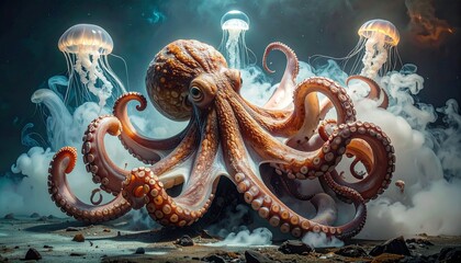 Obraz premium Ultra-realistic stock image of an octopus with its tentacles under the ocean, bubbles mixing with steam, glowing jellyfish in the background, dreamlike cinematic lighting