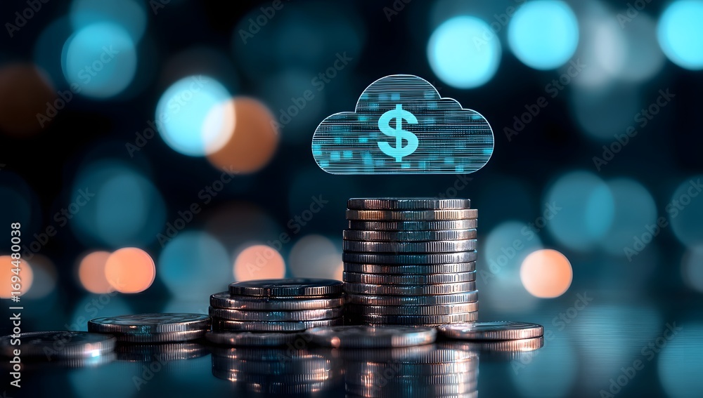 Poster a stack of coins with a holographic cloud symbol and stock chart on top,