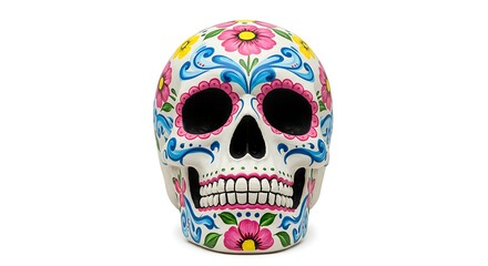 Close up of a white skull decorated with colorful flowers and swirls on a white background studio shot