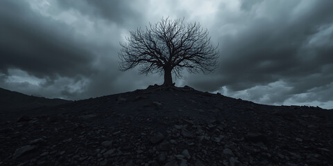 A dark, moody, and cinematic landscape features a solitary leafless tree on the left, atop a rugged black hill with exposed, twisted roots gripping rocky terrain.
