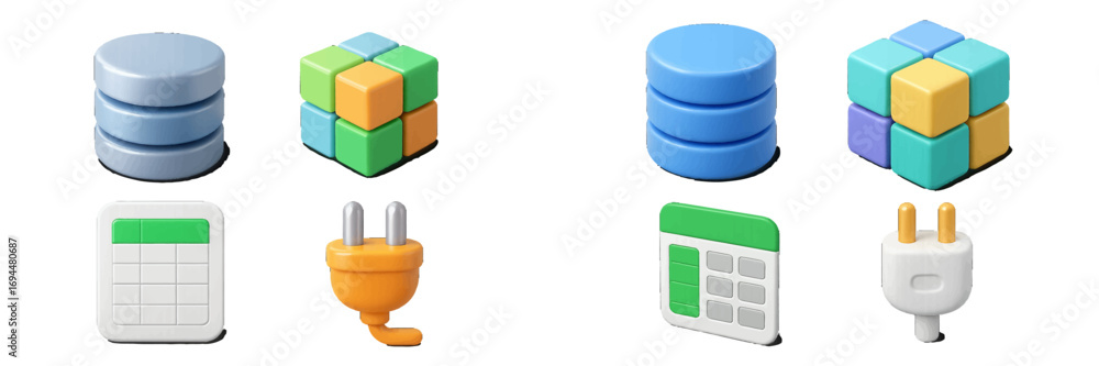 Poster set of 3d style technology icons including database, modular cube, spreadsheet, and electric plug sy