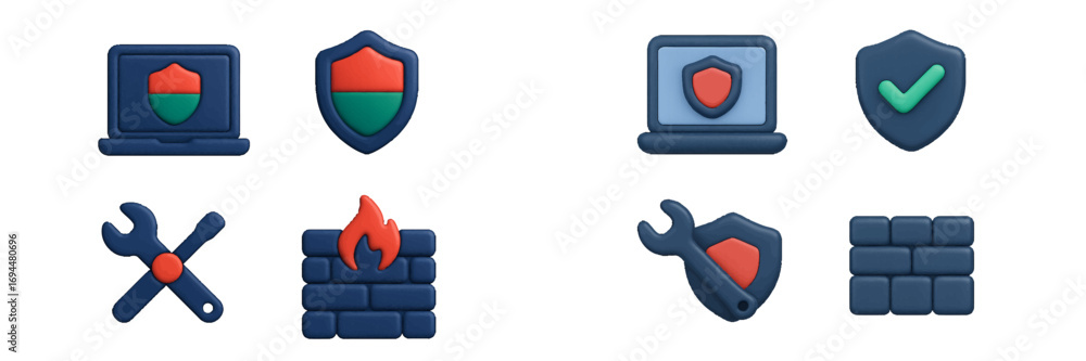 Poster 3d icon set for cybersecurity concepts including firewall protection, laptop security, and system se