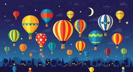 Night Hot Air Balloons Cityscape.