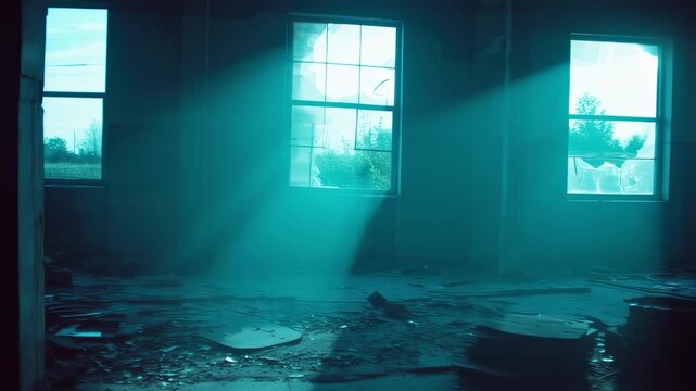 Creepy abandoned building interior with sun rays shining through broken windows creating a