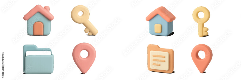 Poster 3d icon set with house, key, folder, and map pin symbols for user interface design in soft pastel co