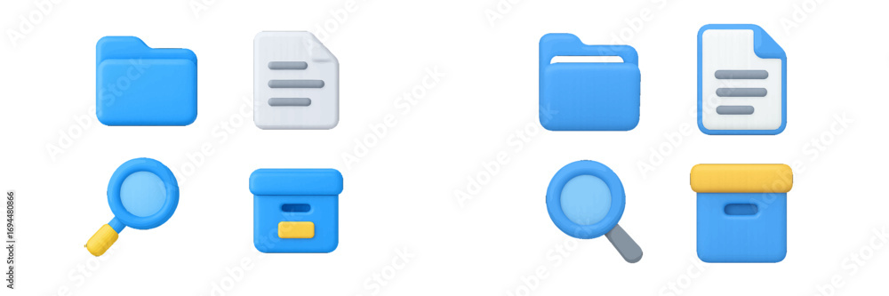 Poster collection of 3d user interface icons for file management including folder, document, search, and ar