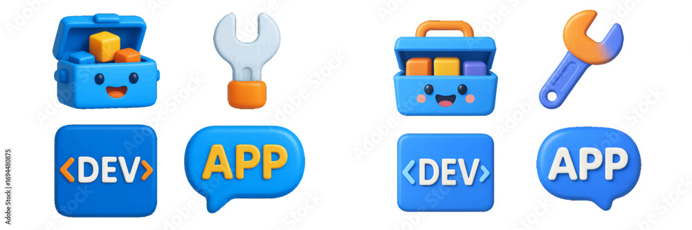 Fototapete 3d icon set for app development and software engineering with cute toolbox character, wrench, and co