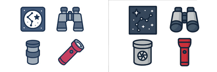 Stargazing and camping icon set with binoculars, flashlight, star chart, and thermos for astronomy and outdoor adventure