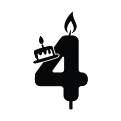 Black silhouette of a number four birthday candle with a cake