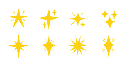Crayon Star Doodle Set in Hand-Drawn Style. Includes Spark Yellow Stars, Sky Motifs