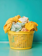 Laundry basket overflowing with clean clothes isolated on a black background
