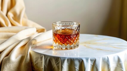 Elegant glass table with a Negroni cocktail on a luxurious velvet cloth