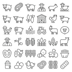 Farm animal and crop vector icon collection for agricultural projects silhouette vector white background
