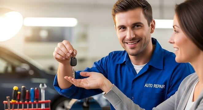 Happy mechanic handing car keys to female customer at auto repair shop
