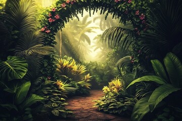 Stunning tropical forest backdrop filled with colorful vegetation.