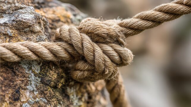 Thick Rope Tied Into a Sturdy Knot Around a Weathered Rock in a Natural Setting During Daylight