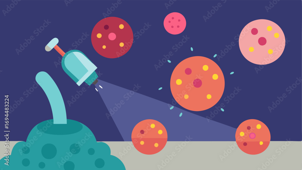 Poster cell interaction an illustration showing skin cells under a microscope with some cells absorbing nan