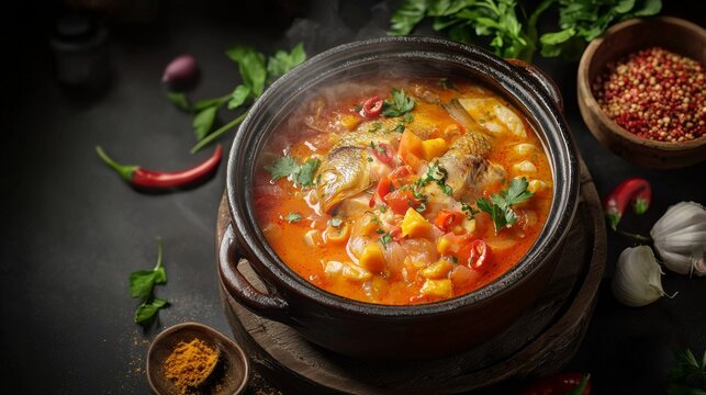 Fish moqueca cooked in a traditional clay pot. 