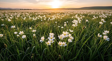 Fototapeta premium A field of white flowers and green grass under a bright sun in the distance at golden hour light