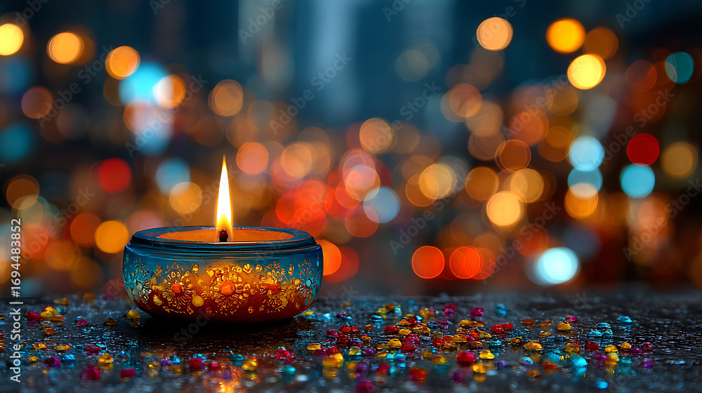 Poster a stylish, abstract image featuring colorful bokeh lghts in the background andan out-of-focus diya i