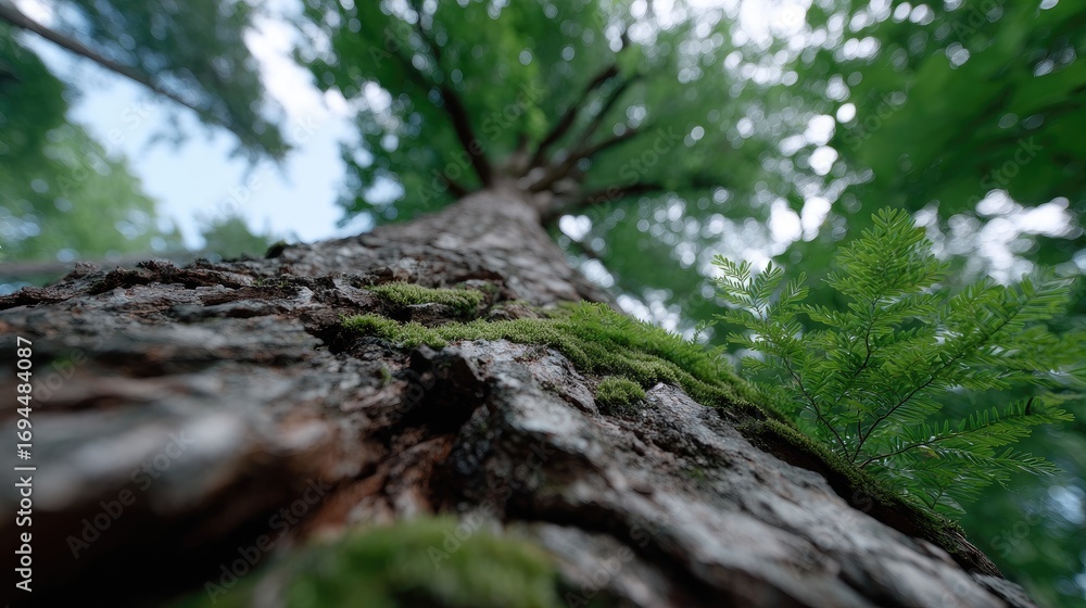 Poster experience a majestic tree with lush green leaves extending towards the canopy in a tranquil forest 