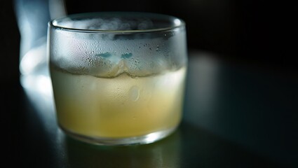 Close-up of a condensation-covered glass with pale yellow liquid, ice, and subtle steam; moody, dark background.