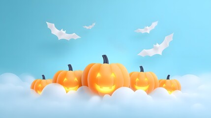 A whimsical Halloween scene featuring glowing pumpkins and playful bats against a light blue sky and fluffy clouds.