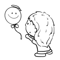 Cute child reaching for a floating balloon cartoon outline illustration