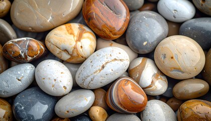 A beautiful collection of smooth, colorful, wet sea pebbles showcasing intricate natural patterns and textures for a calming background