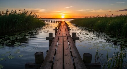 Sunset Lake Wooden Pier Pathway.