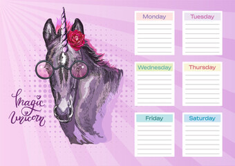 Purple unicorn printable planner and school schedule vector