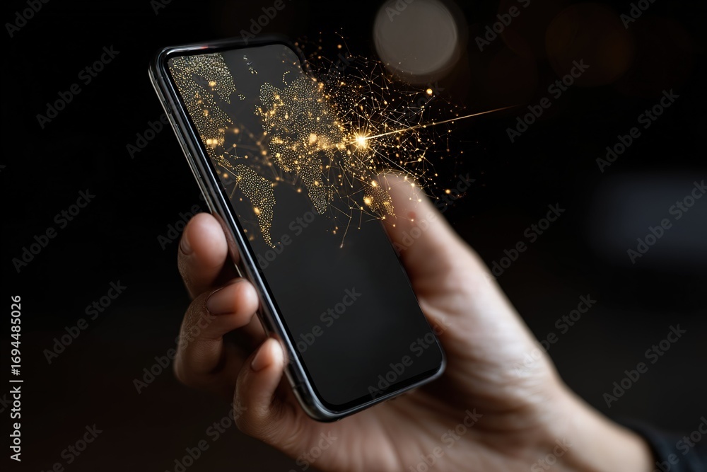 Aufkleber hand holds smartphone displaying glowing world map with connections and data points at night