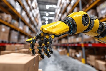 Robot arm picking up box in a modern warehouse filled with stacked goods and equipment