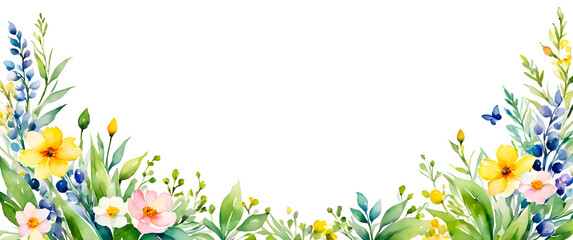 Obraz premium Watercolor floral frame with colorful flowers and green leaves. Decorative flowers with blank space for text. Botanical illustration with vibrant flowers and foliage border.