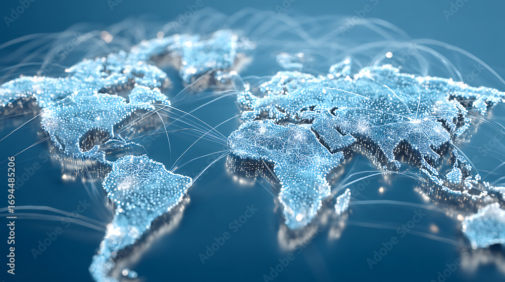 Aufkleber light blue background with a digital world map and global network connections, representing the conc