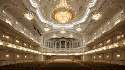 Grand ornate concert hall interior with tiered seating and large chandelier