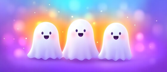 Three cute, friendly ghosts with smiling faces against a colorful, soft gradient background, creating a whimsical and playful atmosphere.